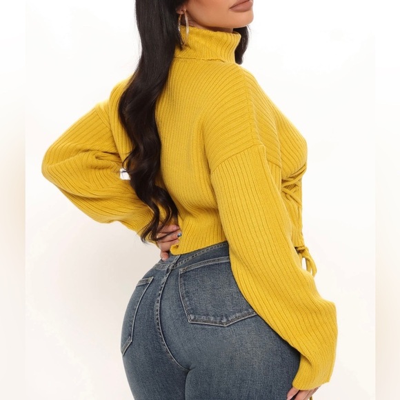 NWT Chunky Oversized Ribbed Cable Knit Turtle Neck Drop Shoulder Sweater-Mustard - Picture 4 of 4